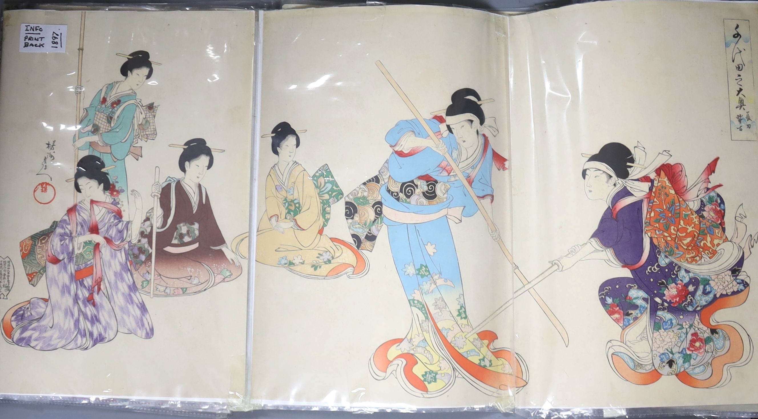 Three Japanese woodblock triptychs by Chikanobu Toyohara and others, Oban format